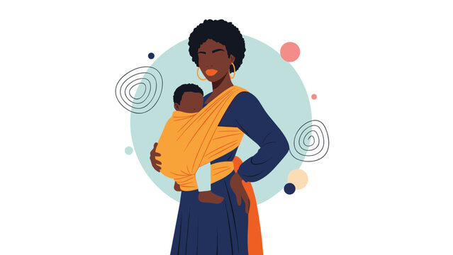 Black woman carrying her infant in a golden yellow baby sling wrap against an abstract circular and geometric background.