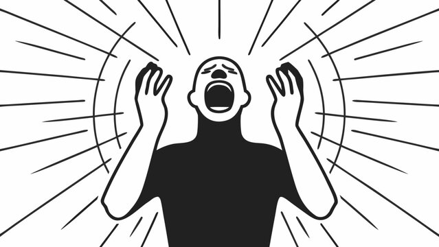 A person screaming with hands raised in shock or surprise from a sudden event or news viewed from the front in a graphic illustration