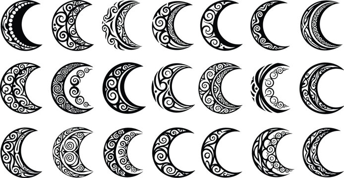 Ornamental Crescent Moon Vector Set with Decorative Floral Patterns, Boho Celestial Night Symbols, and Black Mandala Style Illustrations Collection