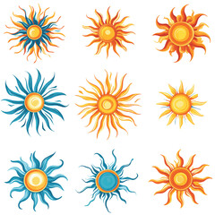 Vibrant collection of sun icons and graphics, perfect for adding warmth, energy, and a touch of brightness to your designs. , vector style simple color
