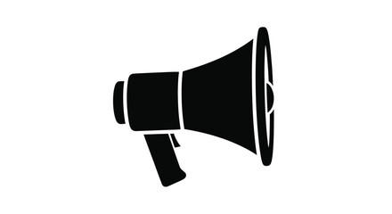 A stark black megaphone illustration presented as a bold silhouette