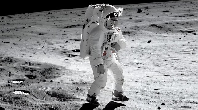 Astronaut in a white spacesuit walking on the moon surface with a cratered landscape