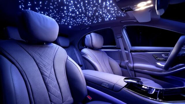 Luxury car interior with starry night ceiling illumination