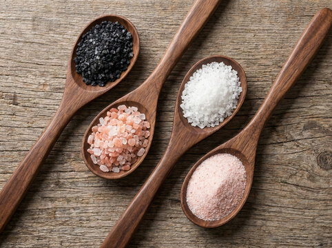 himalayan sea black and pink salt in wooden spoons flat lay representing mineral rich seasoning organic food ingredients and healthy lifestyle concept