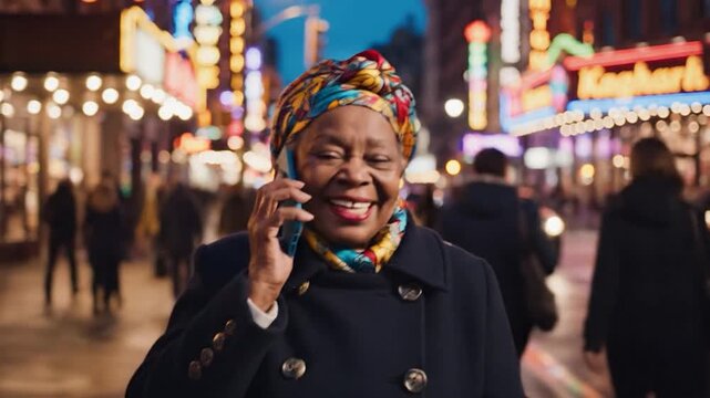An elegant senior woman happily talks on her smartphone on a vibrant city