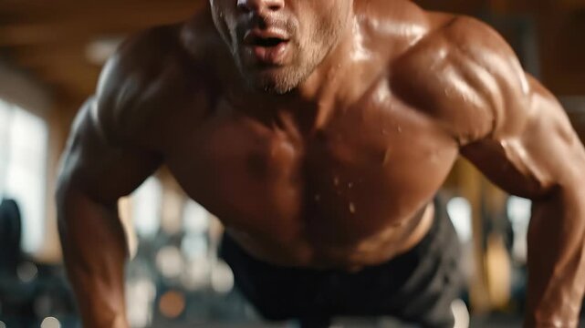 Intense gym workout: focused athlete performing pushups in dynamic motion