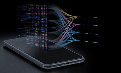 Smartphone Data Stream With AI Neural Network Visualization Representing Mobile Machine Learning And Connectivity