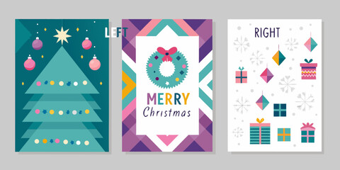 Fototapeta premium Festive christmas cards with geometric shapes and colorful holiday decorations
