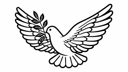 Obraz premium A white dove in flight carrying an olive branch in its beak, symbolizing peace and harmony, viewed from the front.
