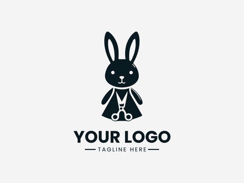 Cute bunny holding scissors representing baby dress designer creativity and gentle fashion identity in black vector logo illustration