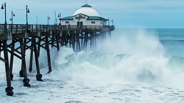 Powerful ocean waves crash against the wooden pier structure.