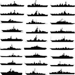 Collection of military warship silhouettes featuring navy destroyers cruisers frigates submarines and battleships isolated on white background for maritime defense and naval fleet concepts © MdMehedi