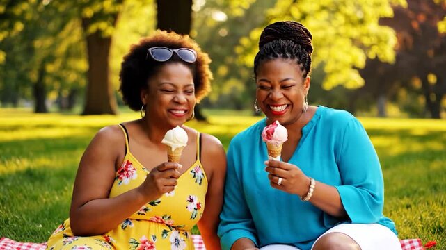 Two cheerful women laugh and enjoy ice cream cones on a sunny park day.