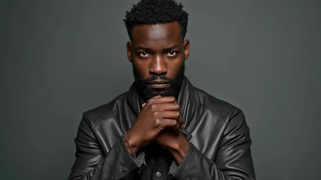 Portrait of smart afro american man leader investor cross hands ready decide solution wear jacket isolated over gray color background fashion editorial shot, high-fashion imagery, ava.