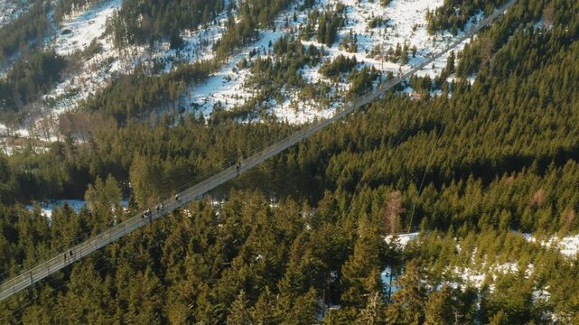 Sky Bridge 721 is a one way suspension footbridge stretching between two hills above a forest in winter, Dolni Morava, Czech Republic.