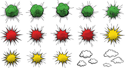 Comic Explosion and Smoke Cloud Vector Set with Cartoon Boom Effects, Impact Bursts, and Pop Art Style Blast Illustrations Collection © MstMukta