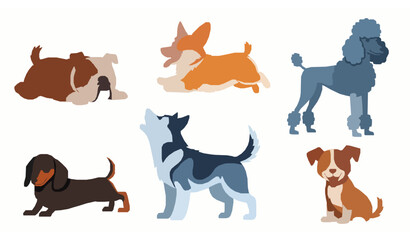 Naklejka premium Cute Flat Dog Breeds Cartoon Vector Collection Trendy Funny Puppies on White