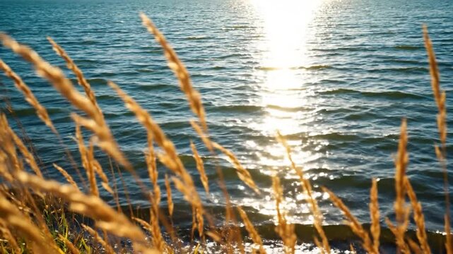 Golden dry grass sways gently by the shimmering water at sunset, creating