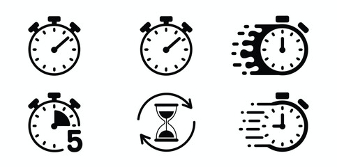 Fototapeta premium Stopwatch and timer icon set featuring speed, countdown and hourglass symbols, simple vector collection representing time management, fast action, delay, schedule and clock concepts