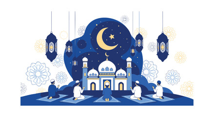 Islamic mosque at night with praying people and lanterns © SADIKUR