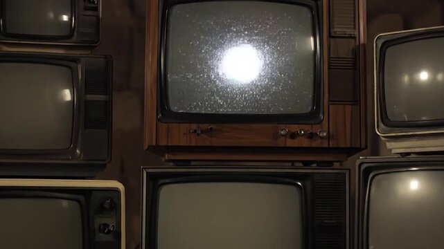 A collection of vintage television sets stacked together displaying static