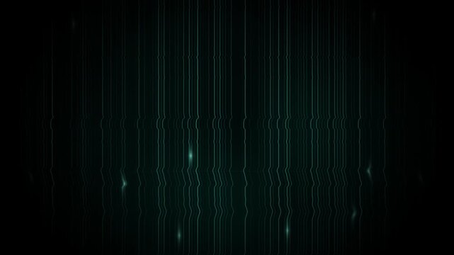 Vertical green lines and white dots drift across a dark abstract field