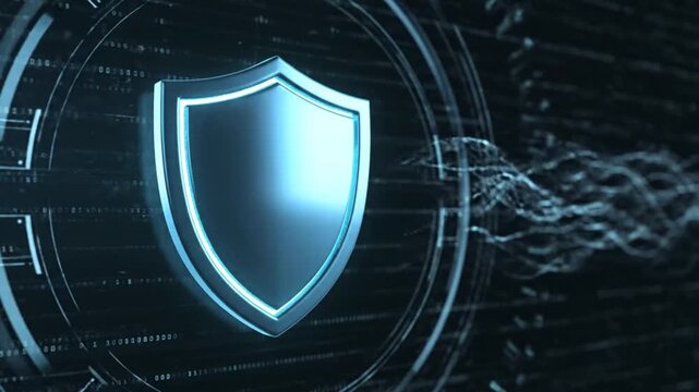 A digital security concept depicts a glowing shield with binary code in the background