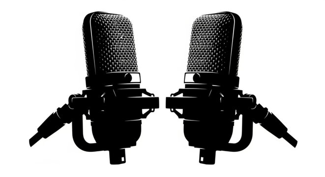 Two professional studio microphones with pop filters and stands positioned facing forward on a white background