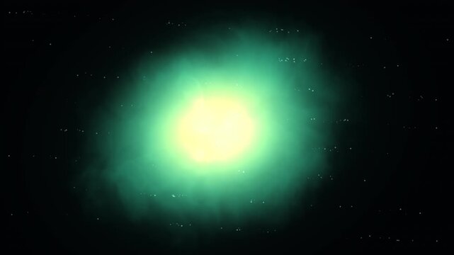 Luminous orb glows amid swirling greenish-blue aura on black speckled field