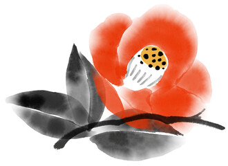 水墨「椿」のイラスト｜墨絵・和風アート背景テンプレート素材