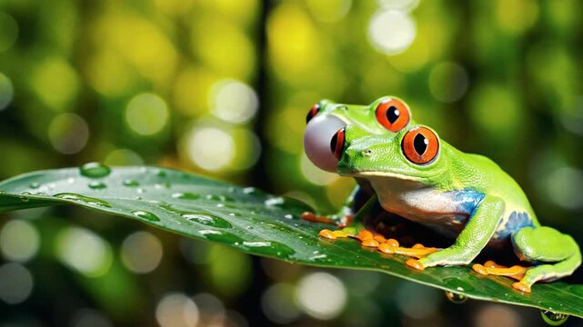 Two vibrant green tree frogs with striking orange eyes sit on a glossy leaf. Blurry green background