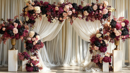 Floral Arch Backdrop with Draped Fabric and Vase Arrangements
