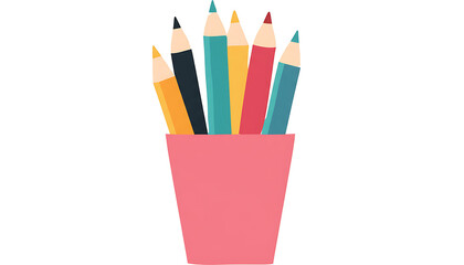 Cartoon of colored pencils in a pink cup isolated on a transparent background