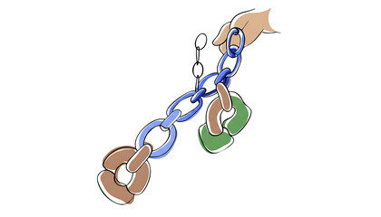 Hand breaking free from colorful chain links freedom isolated on a transparent background