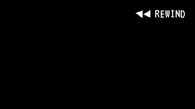 VHS tape rewind big arrows icon symbol middle of the screen effect on 4k Black Screen Film overlay. Analog TV Static and Screen