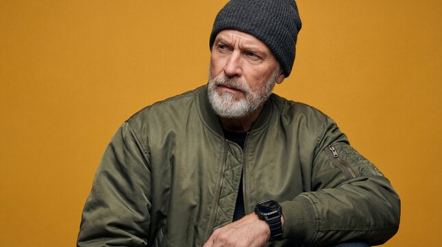 Stylish senior man with a gray beard and beanie hat wearing a green bomber jacket, looking away thoughtfully against a vibrant yellow background, representing modern aging and fashion.