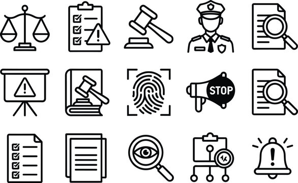 Legal compliance and law enforcement line icons set featuring justice scales, police, documents, alerts, fingerprint, investigation symbols for security design