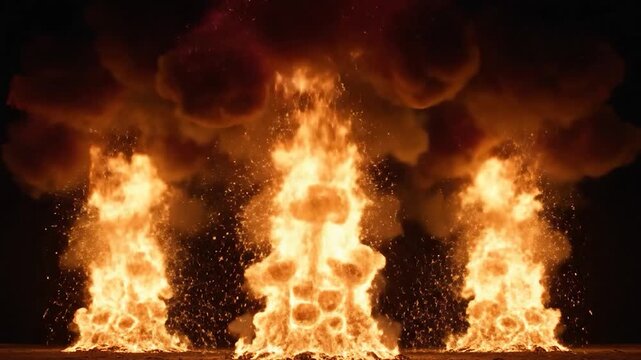Three fireballs are erupting against the dark background at night.