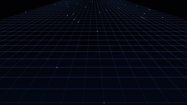Blue grid pattern extends and dots scatter across black background