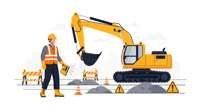 Construction worker and excavator at a building site.