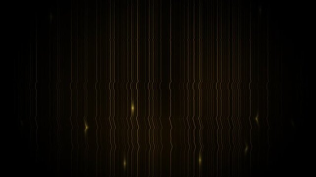 Glitchy yellow lines and particles drift across a dark abstract field