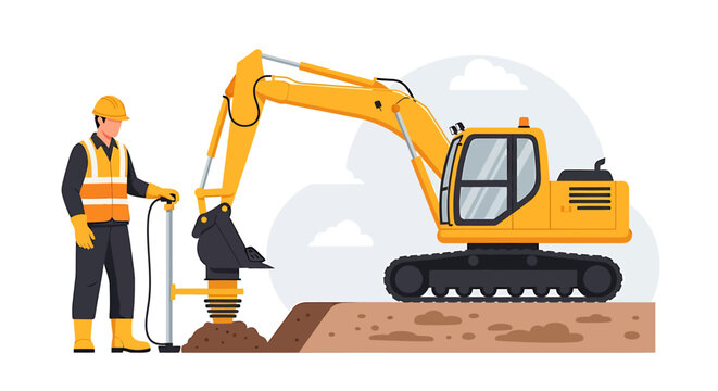 Construction worker operating heavy machinery for excavation and soil compaction.