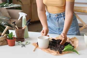Obraz premium Young woman pouring soil into plant pot at home