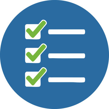 A blue circle with three white horizontal lines and green checkmarks indicating a completed checklist or task list.