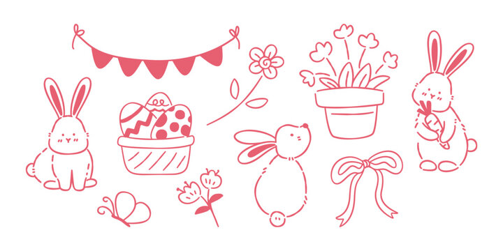 Doodle Easter elements set with cute bunnies, decorated eggs, flowers and bunting, pink line art on white background.