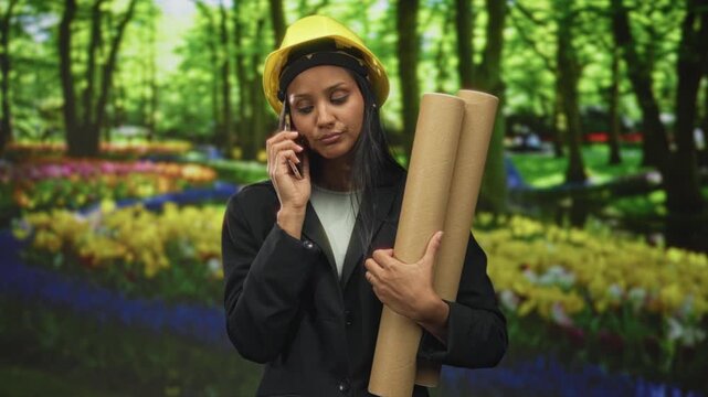 Woman architect wearing hardhat, holding rolled blueprints and talking on smartphone in forest; thoughtful planning.