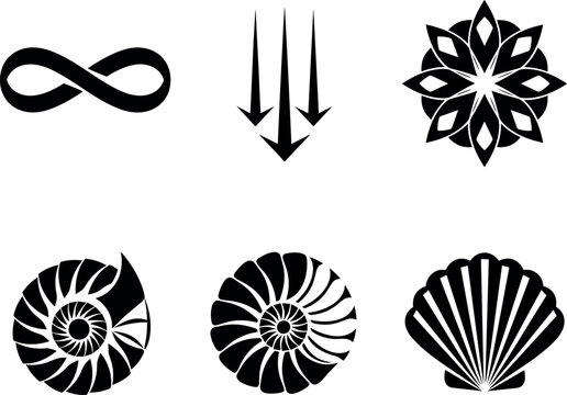 Abstract minimal symbol icons set featuring infinity arrows floral mandala spiral and shell shapes in black vector style