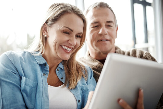 Home, smile or couple with tablet for streaming, weekend entertainment or movie website for bonding. Connection, tech or mature people with subscription service for film app, watch video or internet