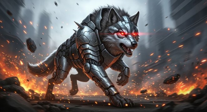 Fantasy art illustration of a dragon in the fire and a wolf in the night with a black silhouette design of a monster bird and a cute cartoon pegasus drawing