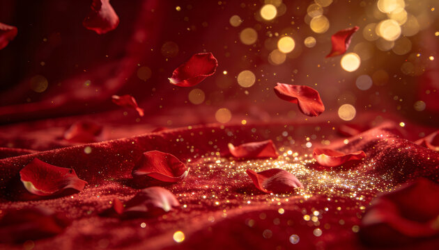 Luxury valentine campaign featuring elegant red roses on a romantic golden glitter background